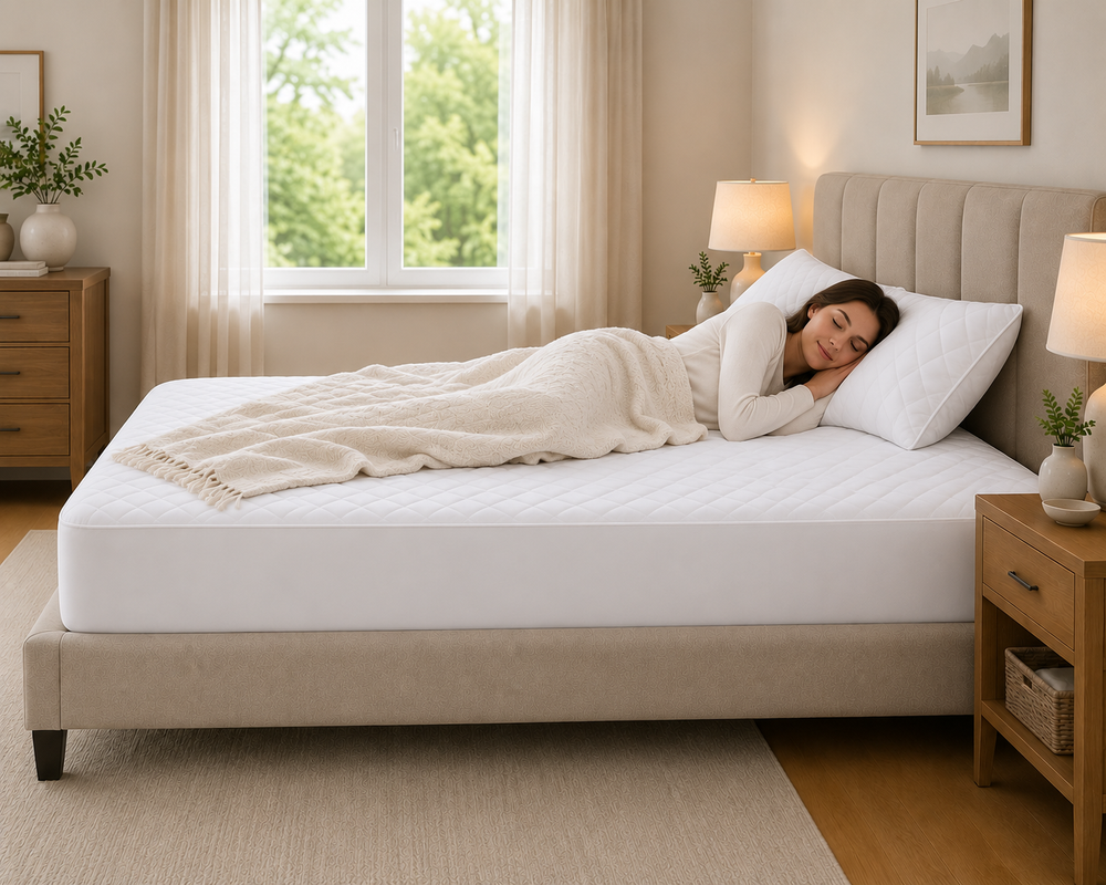 A woman sleeping soundly on a white mattress topper with white pillows and a cream blanket, set in a cozy, well-lit bedroom with a beige upholstered bed frame.